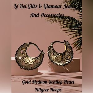 Gold filled Medium Scallop Heart Filigree Hoop Earrings